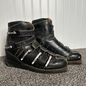 Vintage 1960s Raichle Swiss Leather Buckle Ski Boots Black Retro Lodge Decor